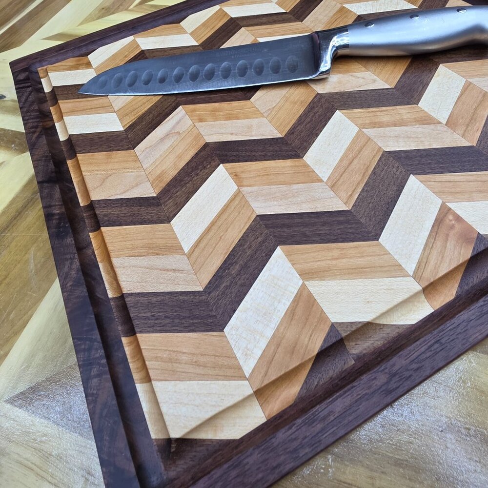 Handmade Herringbone Cutting Board w/ Juice Groove.  15 X 14 X 3/4 Free shipping
